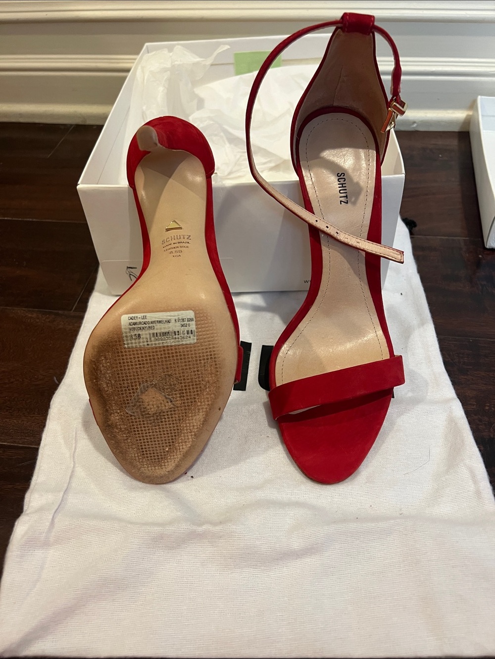 SCHUTZ Red Suede Open-Toe Ankle-Strap Heels